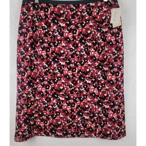 Sz 14 Whimsical Midi Skirt 100% Silk Line Side Zip Red Black White Floral Career